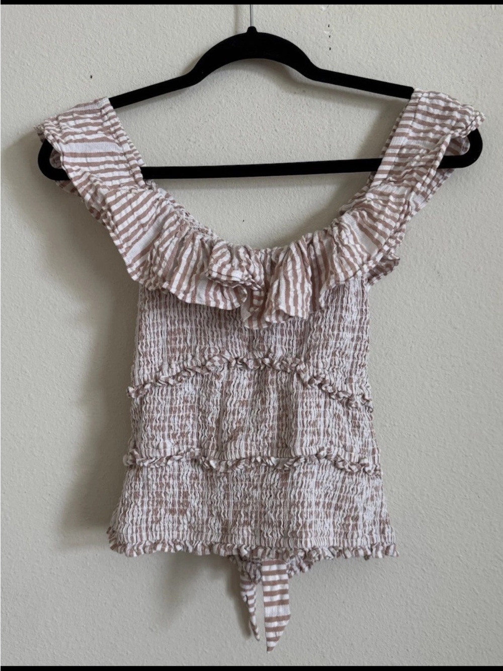 Free People Striped Seersucker Ruffle Summer Off shoulder Boho Top Size S